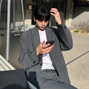 青灰色休闲宽松男士西装韩版潮流男装痞帅西服外套轻熟风春秋上衣