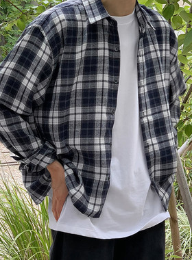 春秋季格子衬衫男短款复古格纹宽松韩版潮流休闲衬衣男装长袖外套