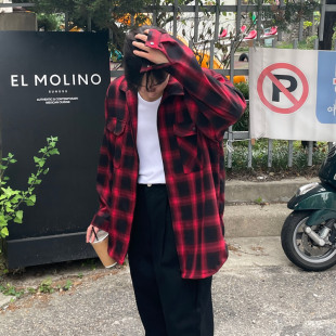 红黑格子衬衫男款韩版宽松潮流潮牌长袖衬衣男生休闲外套痞帅上衣