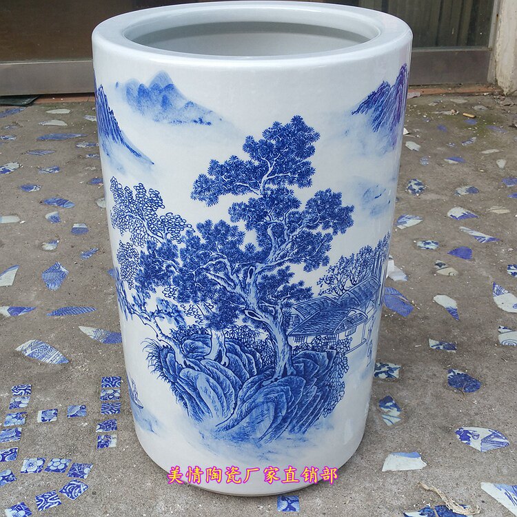 景德镇陶瓷器青花瓷山水画雨伞桶字画筒卷轴缸大号花瓶水培插花筒