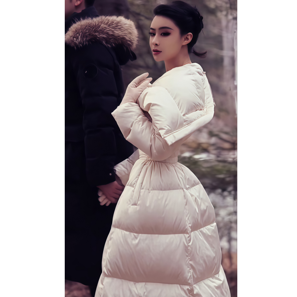 2025冬季新款韩系简约修身温柔感长款纯色连帽收腰羽绒大衣外套女