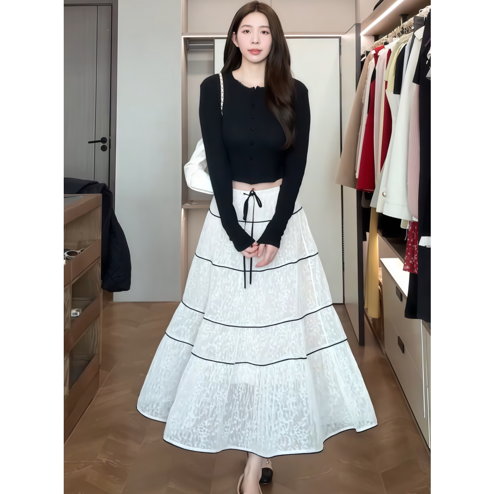 2026年春新款韩系通勤温柔淑女风黑色上衣白色半裙时尚套装女装