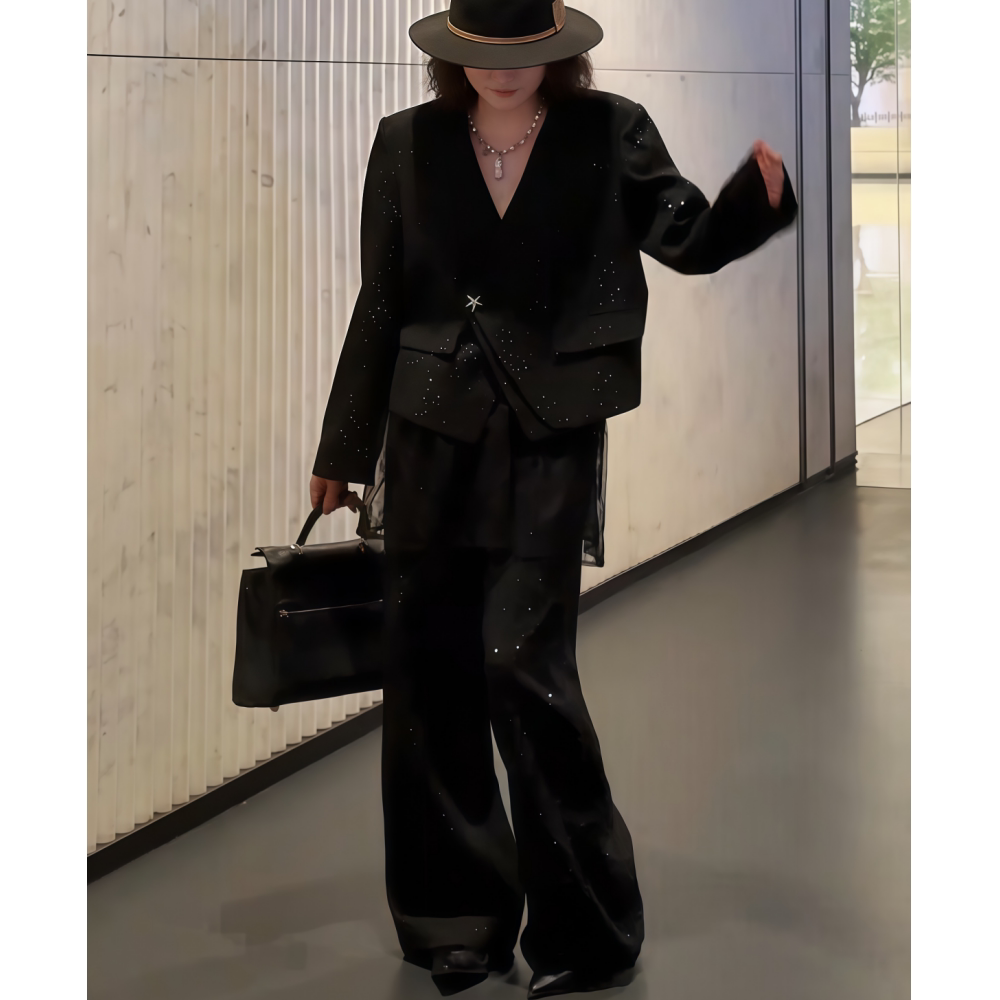 2026年春季时尚新款小众烫钻西装套装百搭阔腿裤高级感休闲通勤女