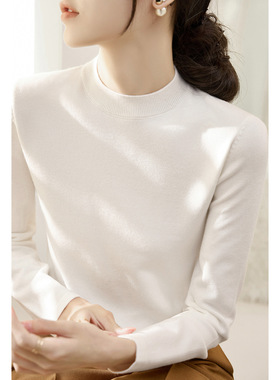 冬季新款白色加厚款半高领毛衣纯色长袖内搭打底上衣羊毛针织衫女
