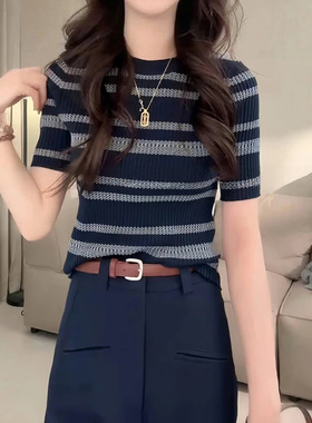 洋气女装夏季撞色条纹短袖t恤莱赛尔天丝针织衫薄款百搭休闲上衣