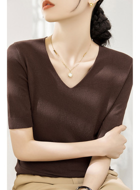 深棕色套头V领下摆开叉设计针织衫T恤女2025夏季新款宽松显瘦上衣