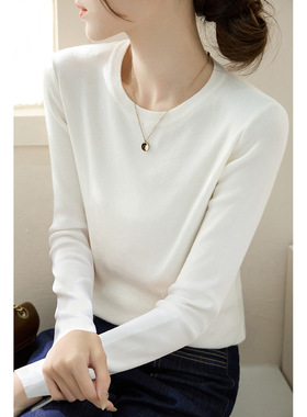 纯色圆领毛衣女装春秋新款法式简约白色羊毛长袖针织衫女打底上衣