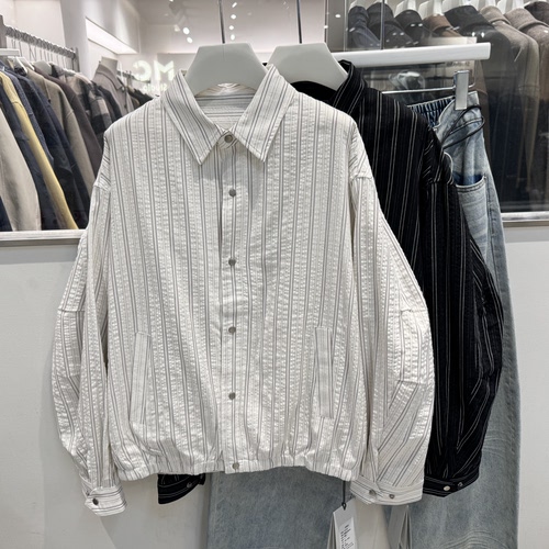 2026春季新款美式复古条纹长袖衬衫男时尚百搭宽松休闲衬衣外套潮