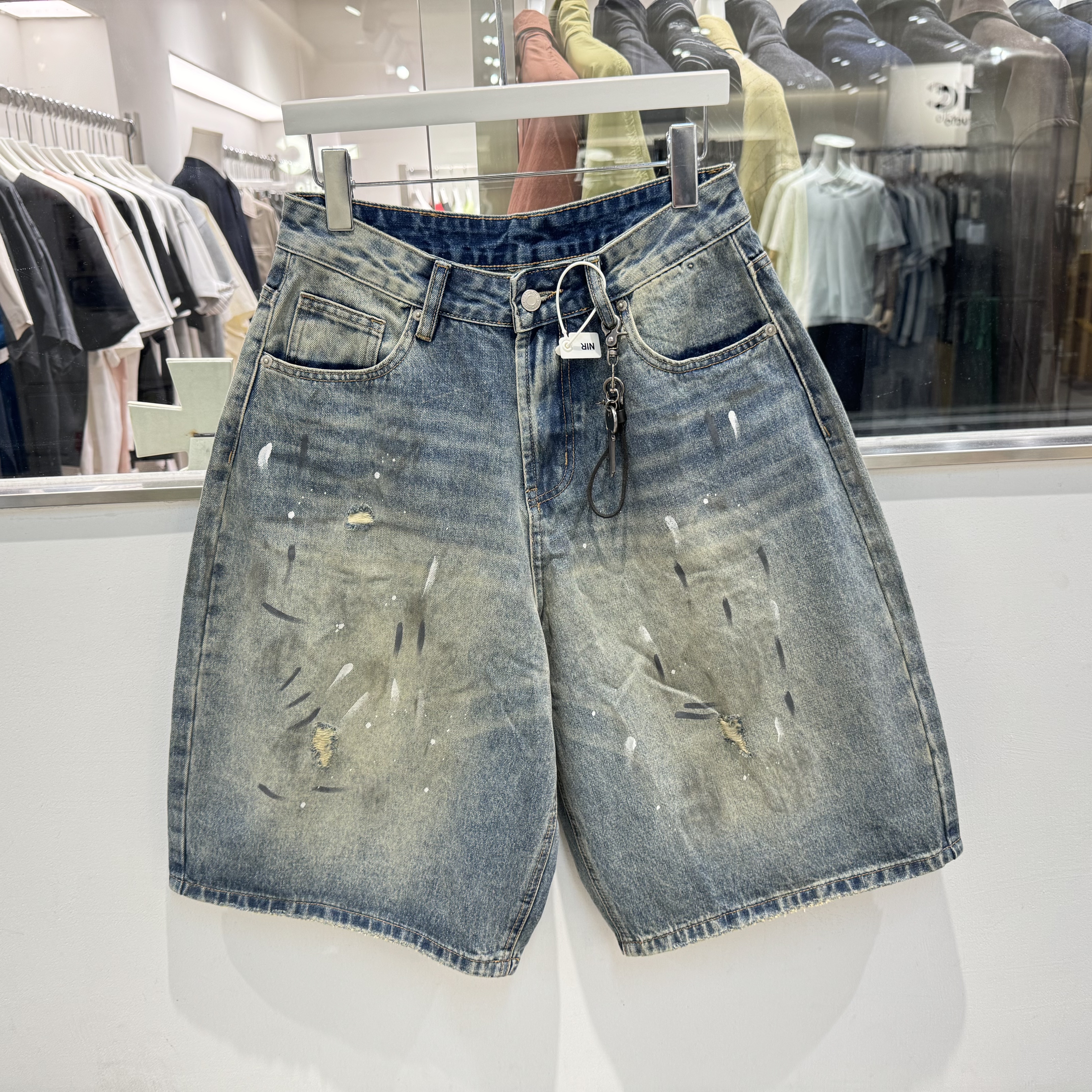 2026夏季新款美式复古泼墨涂鸦牛仔短裤男宽松直筒阔腿五分裤子潮