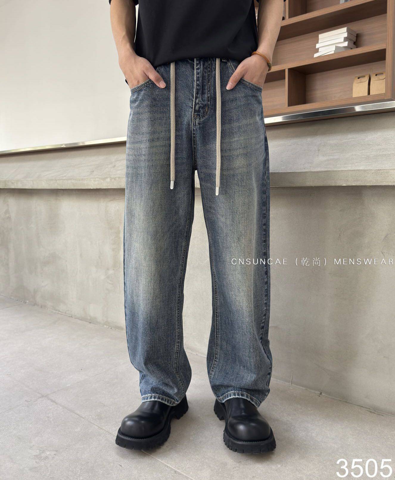 2026春季新款美式复古水洗做旧牛仔裤男潮牌设计感宽松直筒阔腿裤
