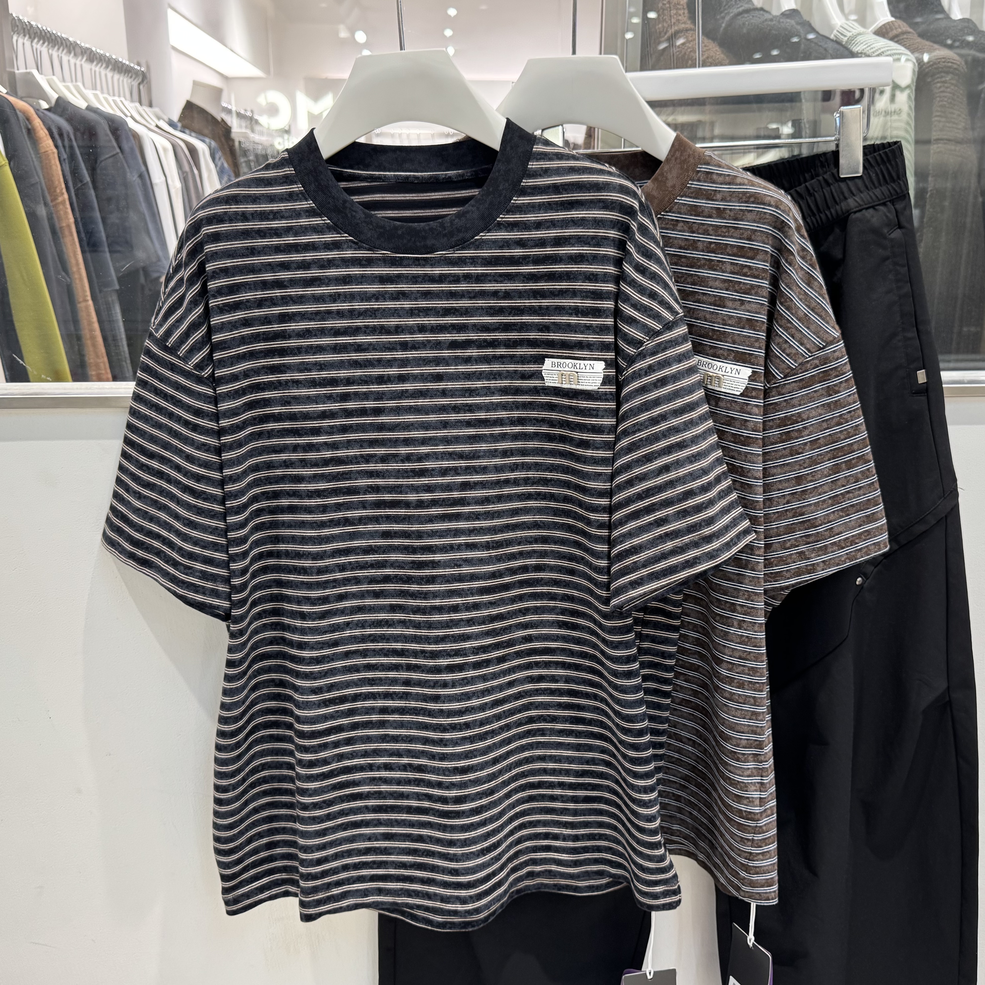 2026春夏新款纯棉重磅条纹短袖T恤男时尚百搭落肩半袖打底衫上衣t