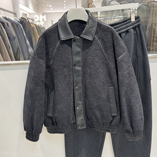 冬季御寒保暖90白鸭绒羽绒服男士新款仿羊羔绒拼接pu皮衣翻领外套