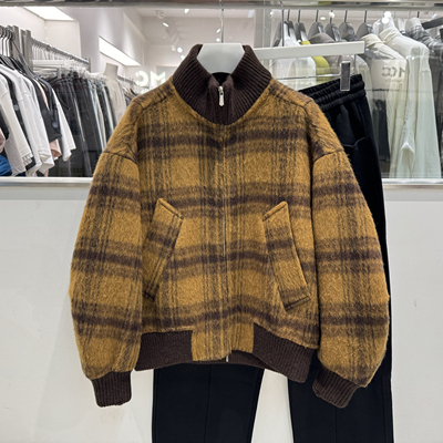 2025秋冬韩系拼色格子双面呢大衣男痞帅宽松休闲羊毛呢子外套潮