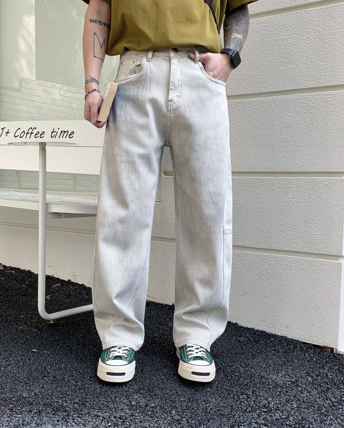 無限春季美式复古水洗做旧弯刀牛仔裤男时尚百搭宽松直筒阔腿长裤