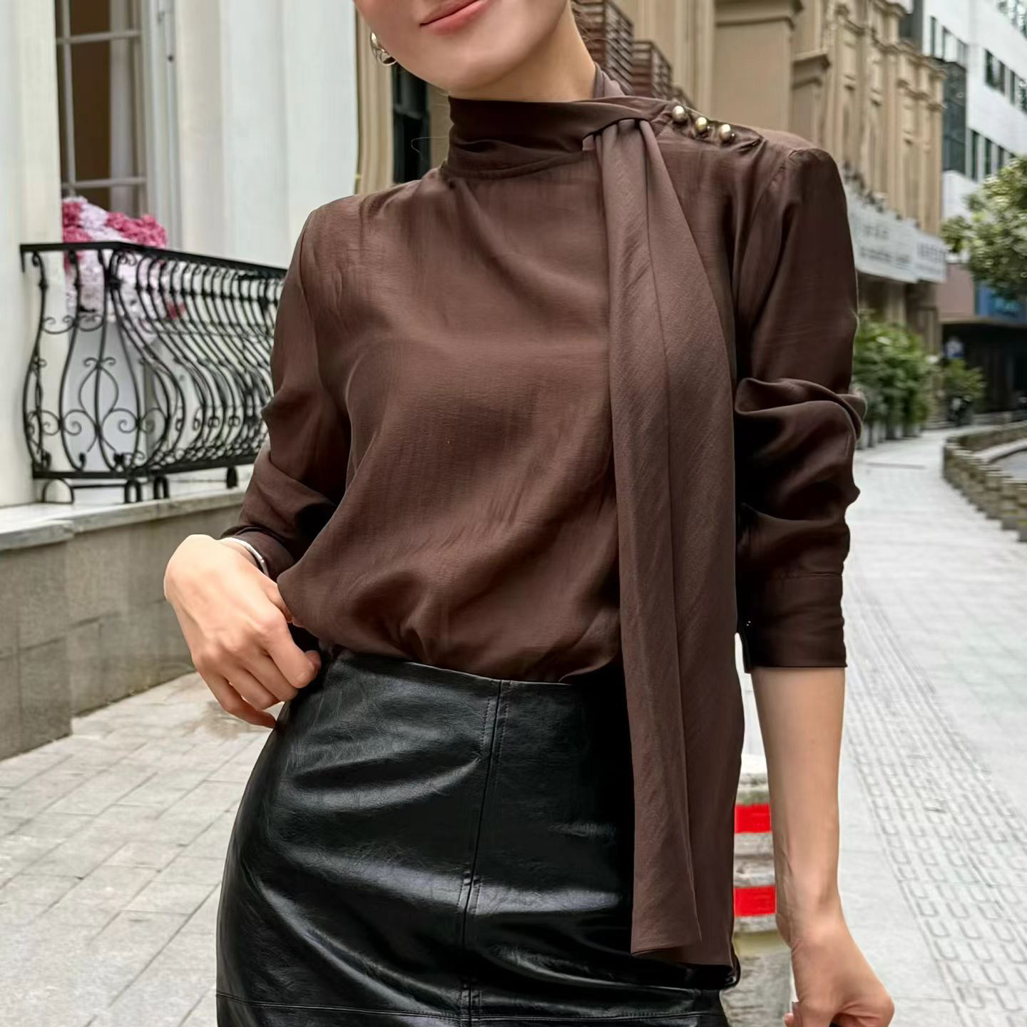 欧洲站秋新款通勤百搭系带休闲衬衫女法式气质名媛高级感长袖上衣