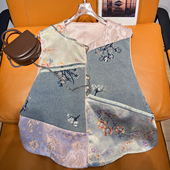 撞色拼接亮片刺绣弧形下摆百搭马甲砍肩女潮 新中式 欧洲站春装 新款