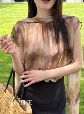 欧洲站夏季新款气质凉爽渲染印花不分前后小落肩袖上衣小衫女