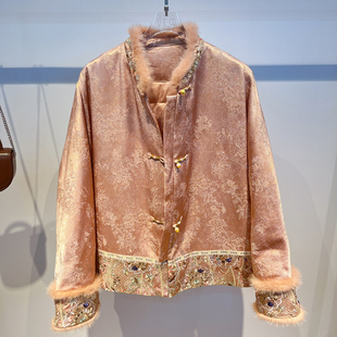 欧洲站新中式国风立领拼接真水貂毛重工刺绣盘扣90白鸭绒羽绒服女