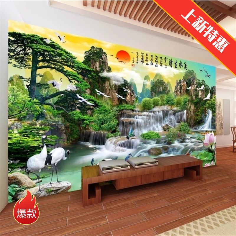 高清玻璃门包邮瀑布流水生财风景画电视背景墙背胶防水自粘壁画