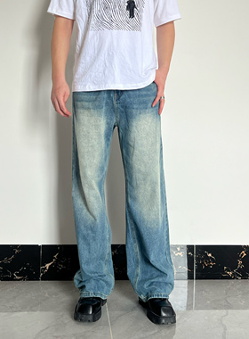 Jq2also|2024新品 韩版宽松百搭蓝色直筒阔腿牛仔裤男