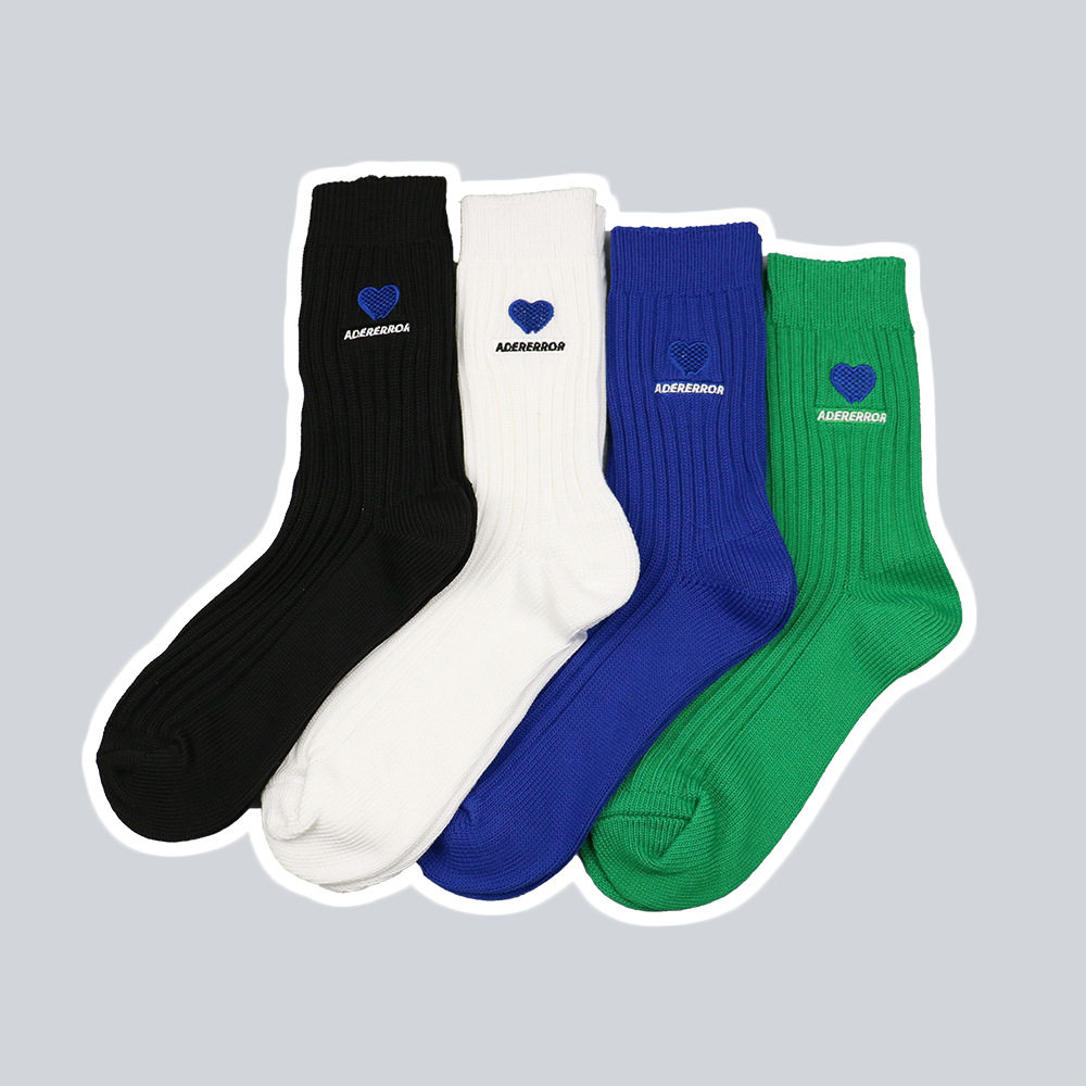 ader 双爱心刺绣粗针袜子韩国ins街头潮牌粗线中筒袜男女情侣