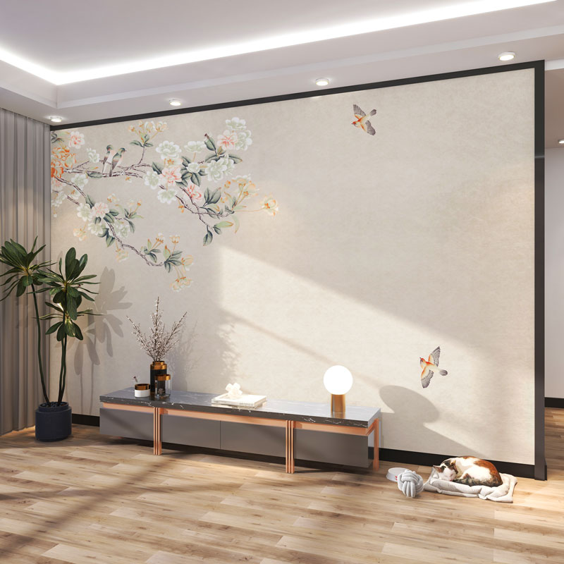 墙纸定制3d立体中式花鸟电视背景墙壁布客厅壁画卧室壁纸装饰墙布图片