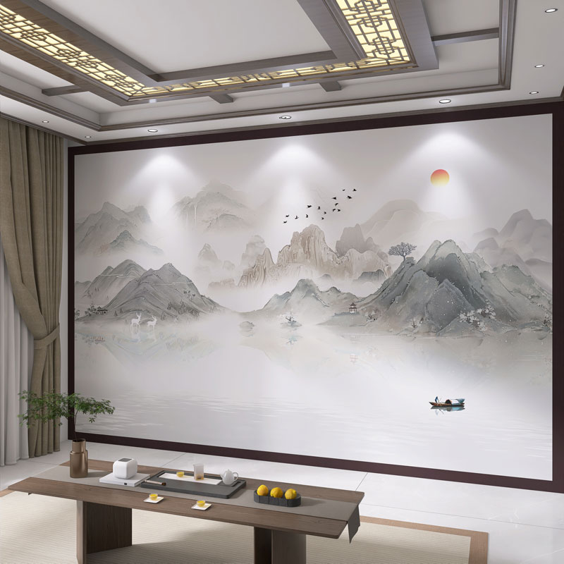 墙纸定制3d立体中式壁布山水画电视背景墙壁纸客厅墙布影视墙壁画