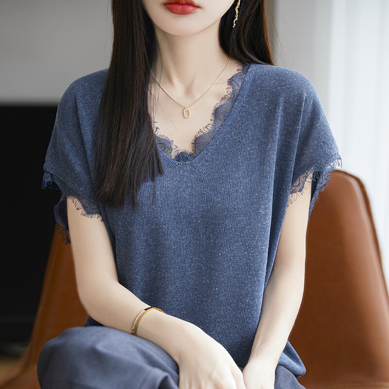 2026夏季新款宽松亚麻V领短袖t恤女花边蕾丝显瘦高级感针织衫上衣