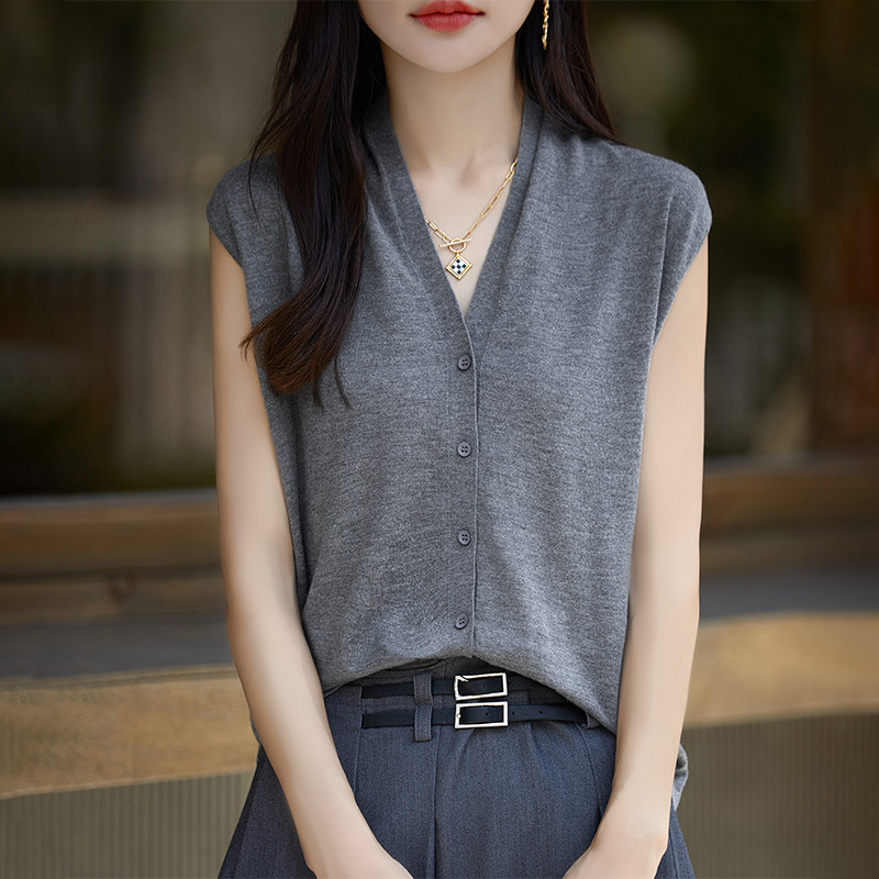 法式V领无袖开衫马甲T恤针织背心女夏季薄款外穿气质减龄坎肩上衣