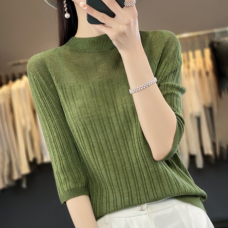 一线成衣圆领短袖t恤女半袖打底衫宽松针织薄款羊毛中袖上衣体恤