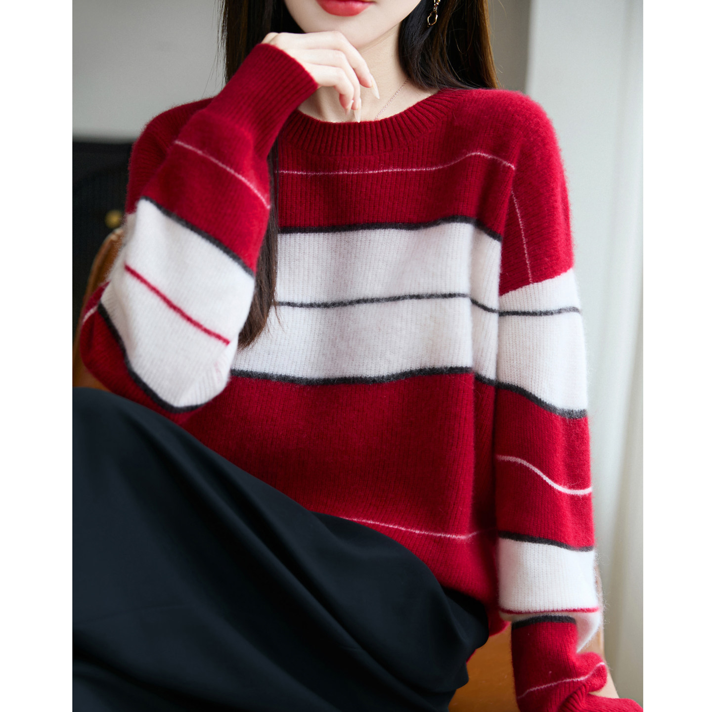 秋冬加厚100%纯羊毛衫女撞色条纹宽松慵懒风套头打底针织毛衣外套