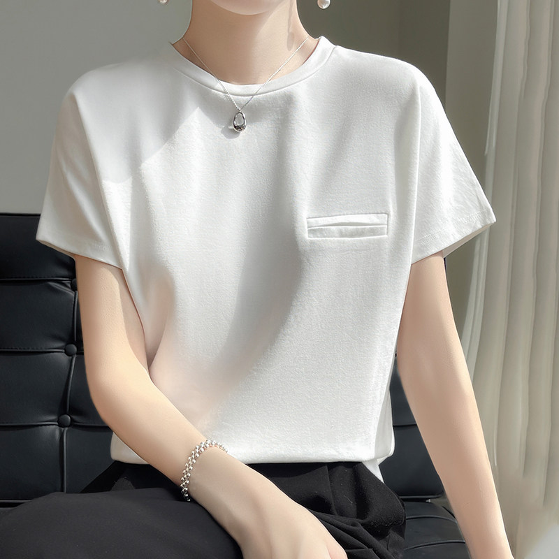 高级感80支丝光棉修身简约白色短袖t恤女春夏新款圆领百搭打底衫