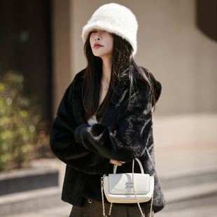 韩系优选仿水貂毛皮草连帽外套女秋冬新款宽松慵懒风拉链针织开衫