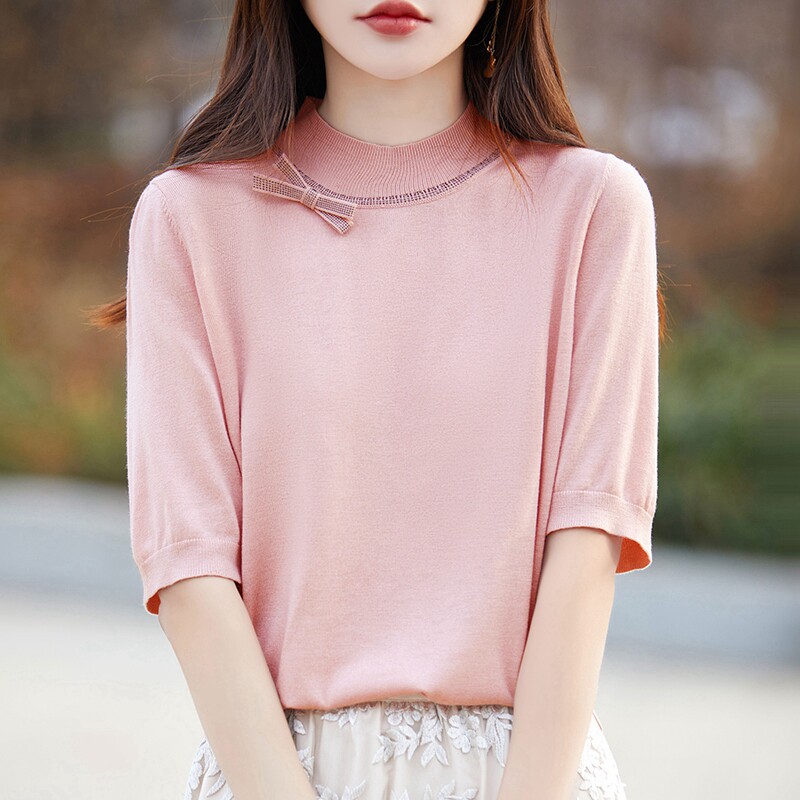 夏季薄款精纺羊毛针织短袖T恤女半高领蝴蝶结镶钻宽松半袖打底衫