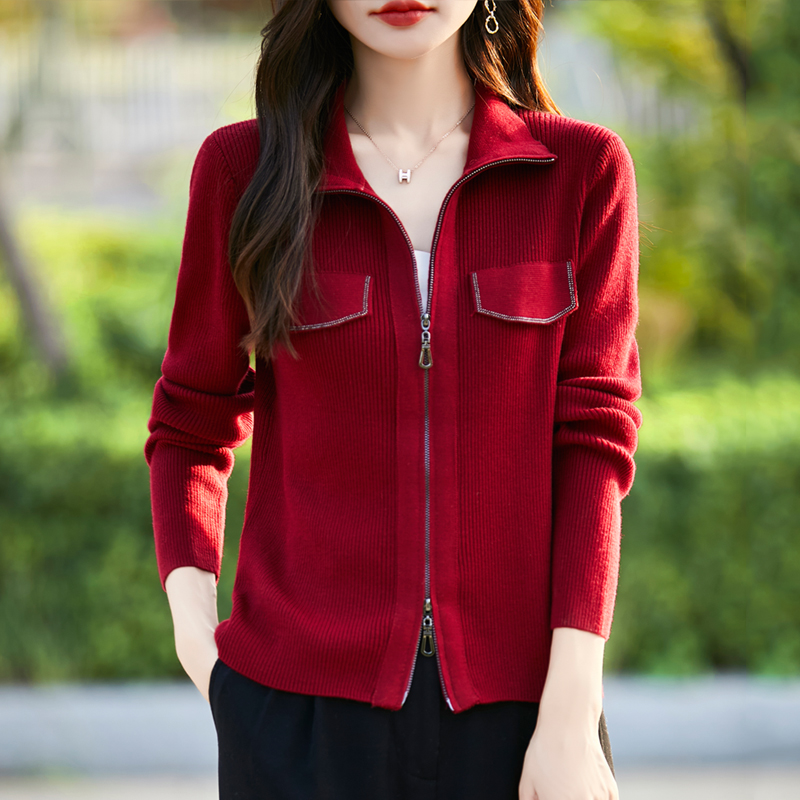 2025春秋新款羊毛开衫女薄款立领双拉链镶钻毛衣宽松长袖假兜外套