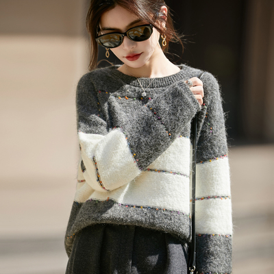 撞色针织衫女秋冬加厚宽松慵懒风毛衣2025新款洋气时尚高端打底衫