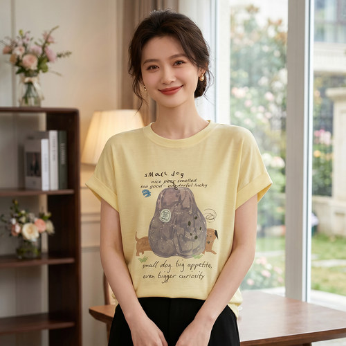 美式卡通印花宽松减龄T恤女夏季新款圆领显瘦短袖洋气针织打底衫