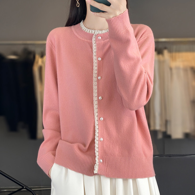 早春撞色花边针织开衫外套女2026新款洋气大码女装上衣秋冬毛衣