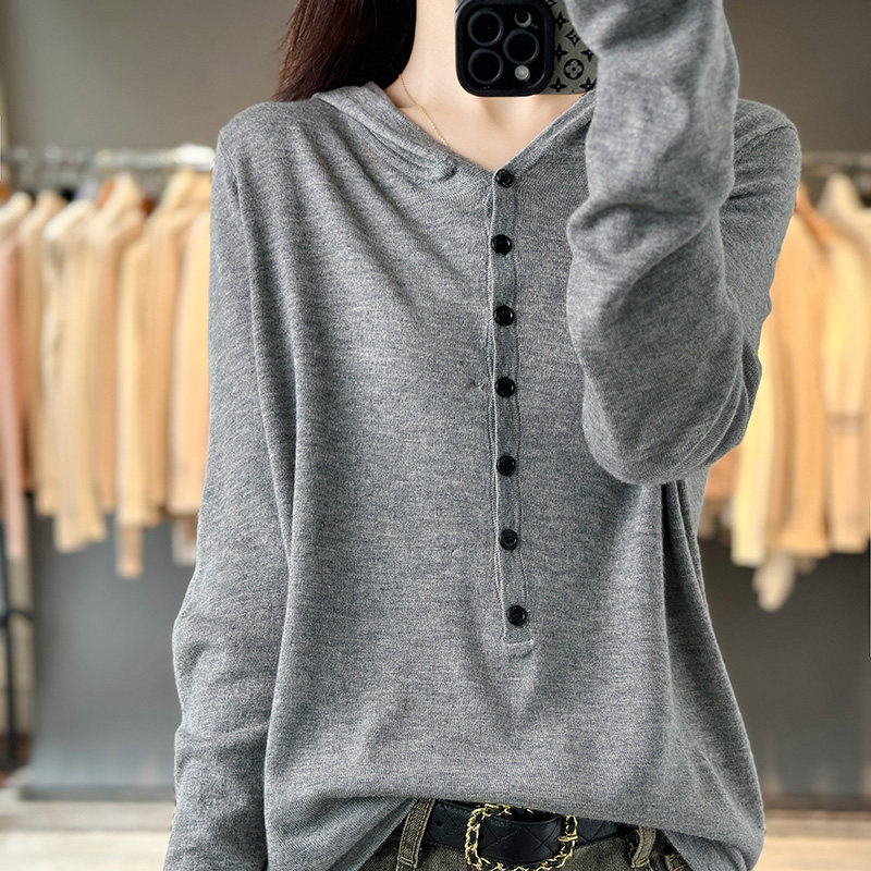 25春秋薄款精纺细羊毛衫女连帽套头宽松上衣长袖纯色打底针织帽衫