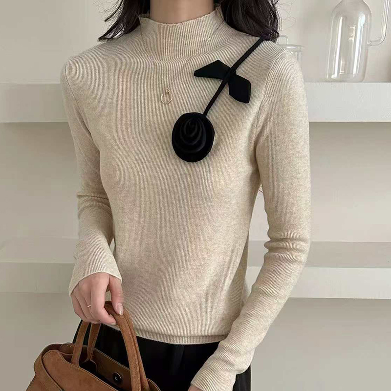 高级感2025秋季新款立体花朵针织衫女半高领修身打底上衣外套毛衣