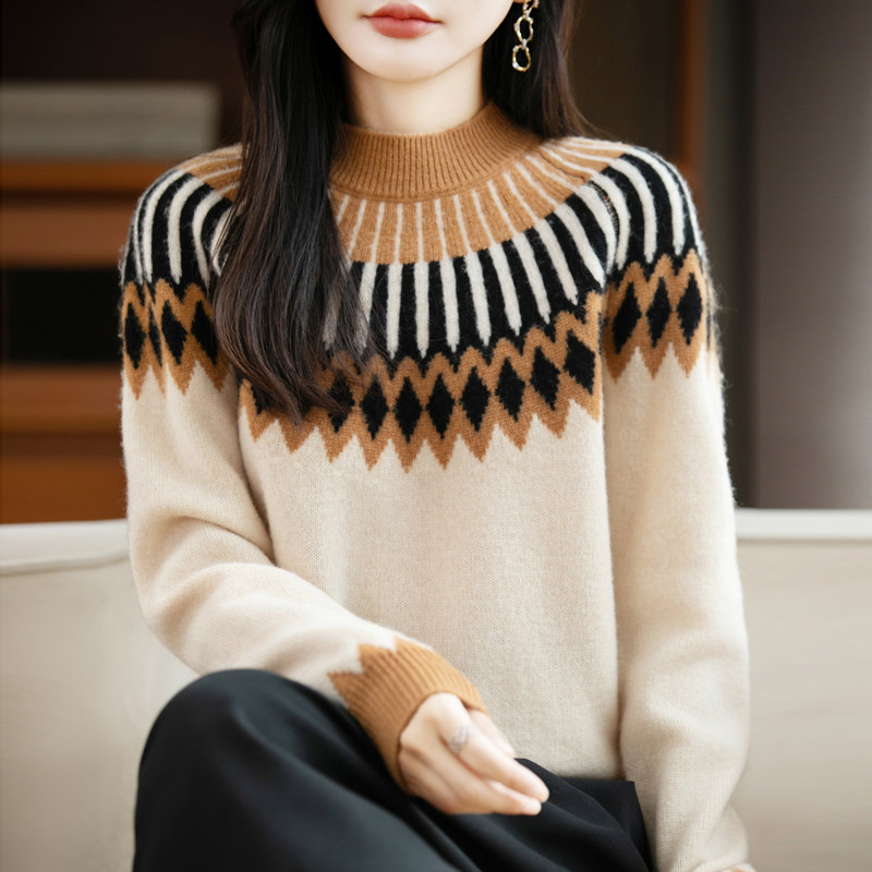 高级感100%纯羊毛衫女秋冬款半高领民族风提花毛衣宽松针织打底衫