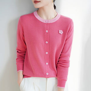 超细精纺羊毛开衫女圆领玫瑰花撞色软糯毛衣外套薄款宽松针织外搭