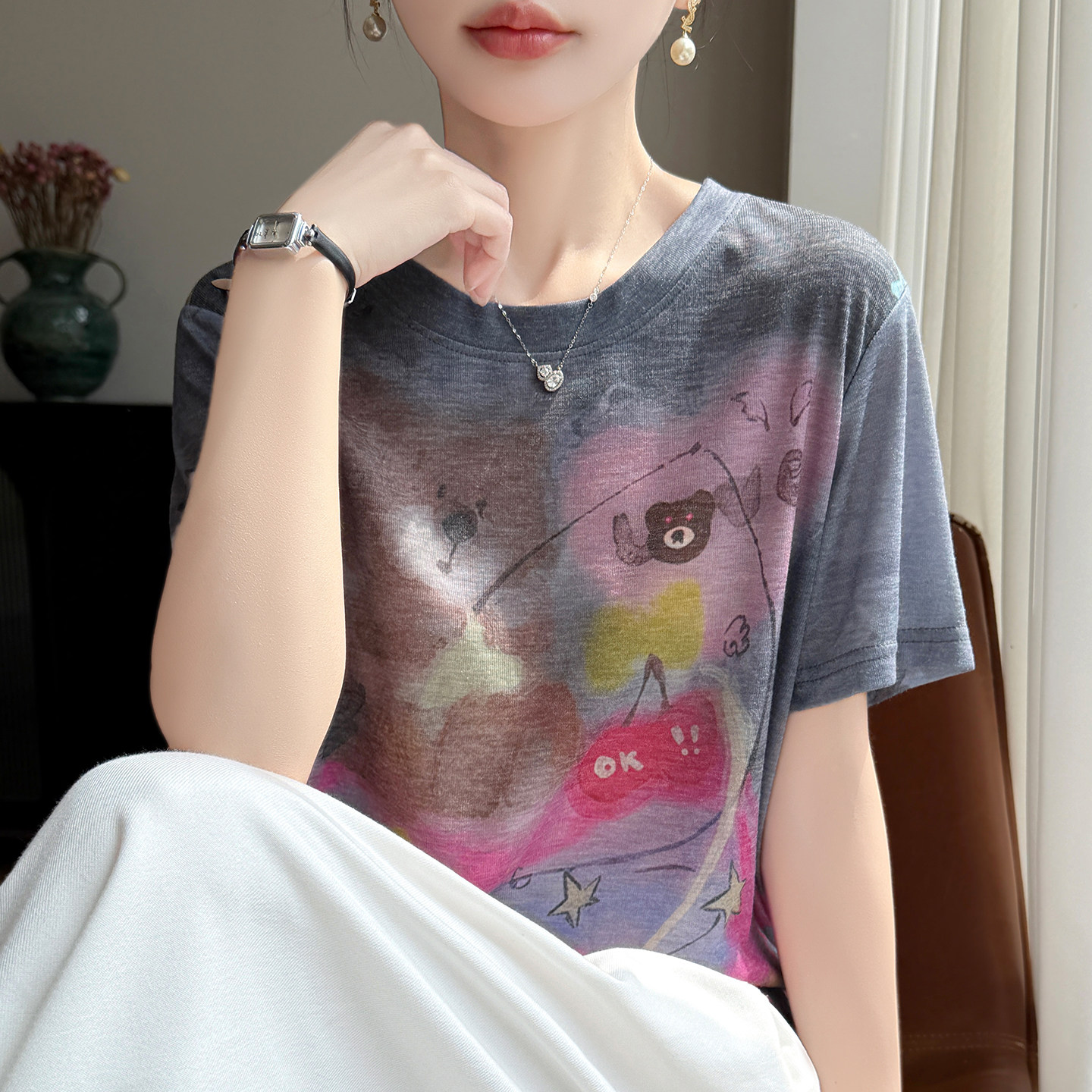 水墨晕染针织短袖t恤女2026夏季新款宽松圆领时尚半袖打底衫上衣