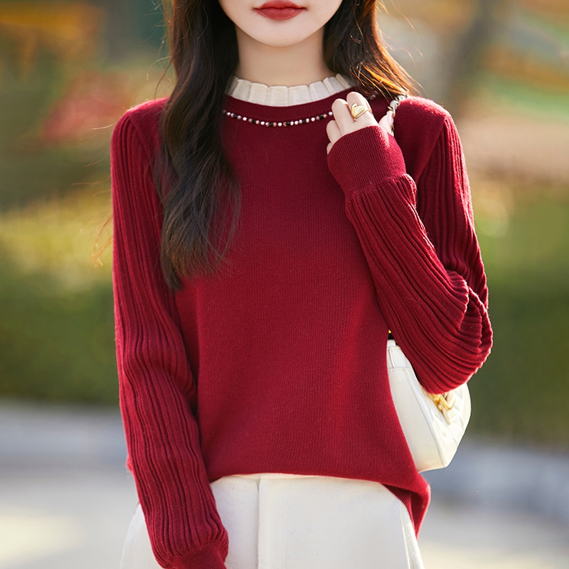 精纺羊毛针织衫女2025春秋新款圆领蕾丝花边钉珠毛衣气质打底上衣