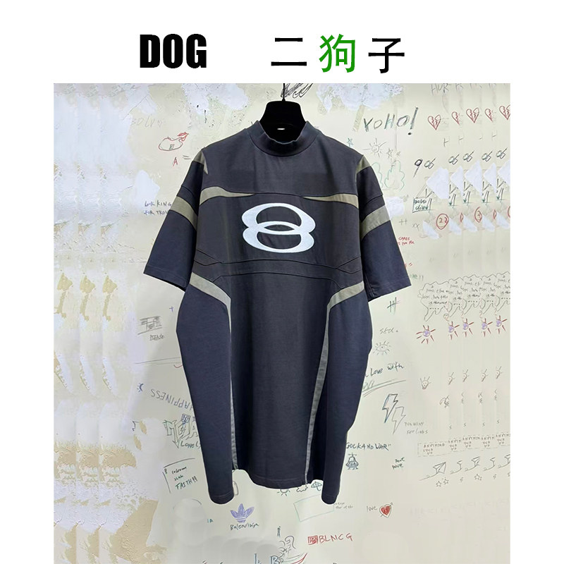【二狗子定制】机车限定~双环刺绣拼接oversizeV领短袖T恤tee男