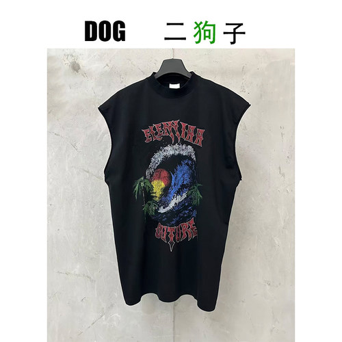 【二狗子定制】26新品限定~海浪椰树字母oversize圆领背心T恤男女