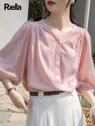La Chapelle Puella V-Neck Short-Sleeved Shirt for Women, Thin Style, 2026 Summer New Korean Design, Loose Top