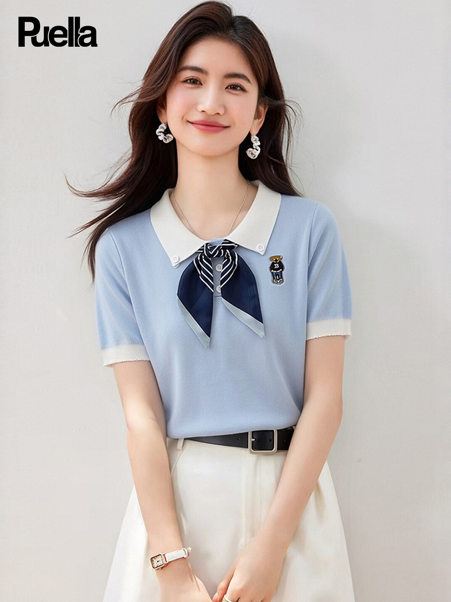 Puella qadın qısaqol T-shirti, rəng bloklu yaxalı, yay