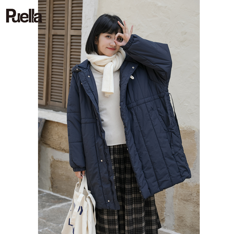 拉夏贝尔Puella韩系牛角扣连帽棉服腰部抽绳中长款小香风外套女冬