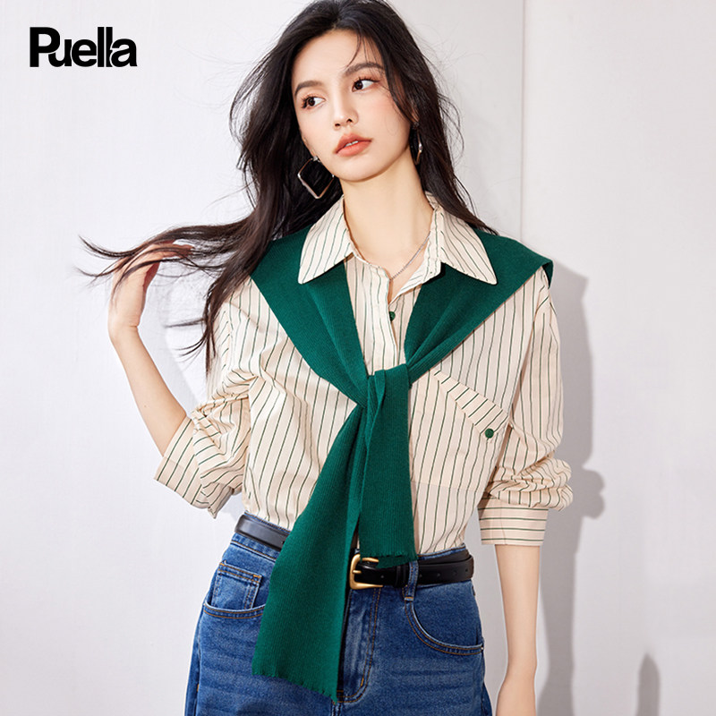 拉夏贝尔Puella披肩条纹长袖衬衫女秋季韩版时尚百搭宽松衬衣上衣怎么样,好用不?